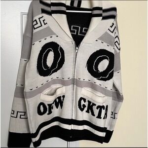 Odd Future OFWGKTA Donut Greek Key Zip Up Cardigan Sweater White Grey Black